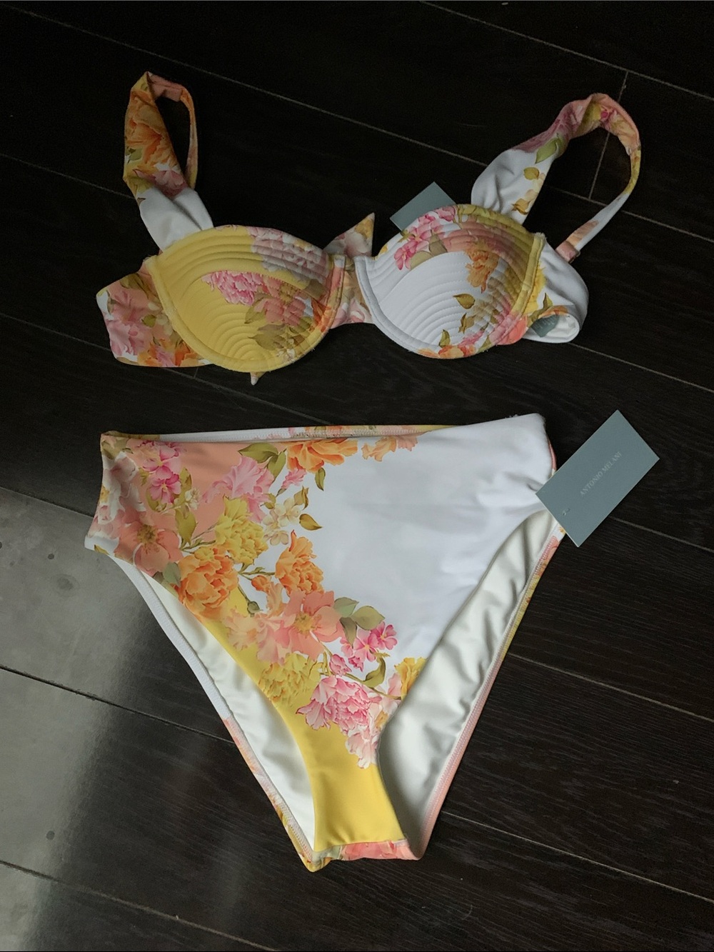 ANTONIO MELANI Yellow, White & Pink Floral High-Waist Bikini Set